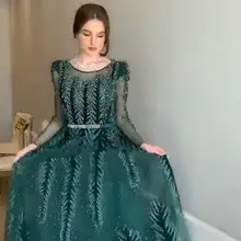 Арабское Изумрудное зеленое вечернее платье для мусульманских женщин с длинным рукавом Дубай Длинные женские Выпускные вечерние платья Кристальные бархатные платья для особых случаев