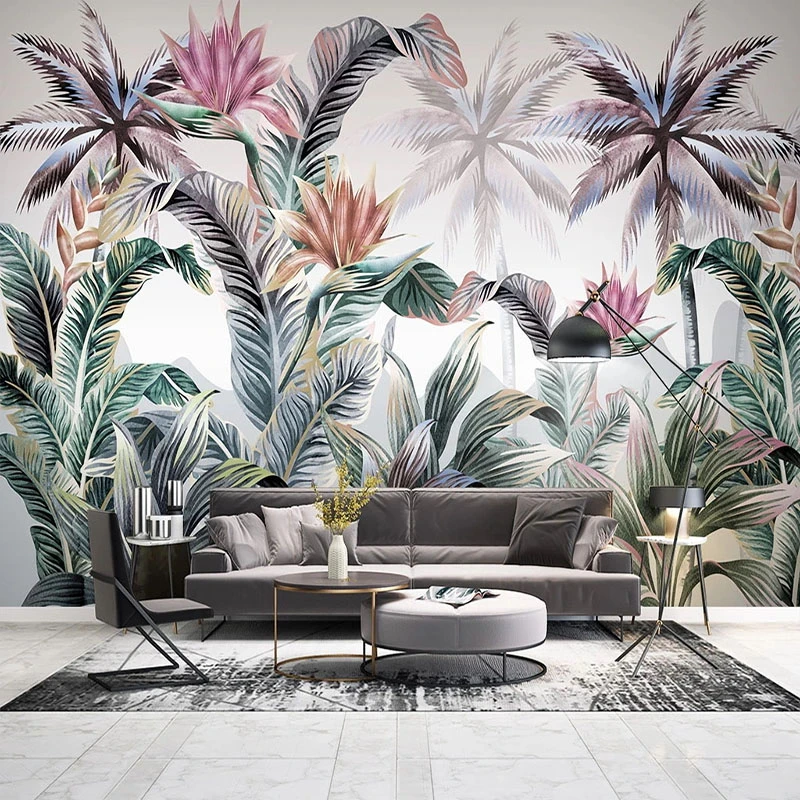 Tropical leaves light tones romantic wallpaper, for living room or bedroom