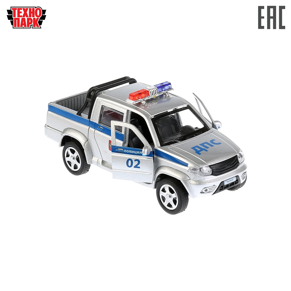Машина Технопарк UAZ PICKUP ПОЛИЦИЯ металлическая, инерционная, длина 12см, открываются двери