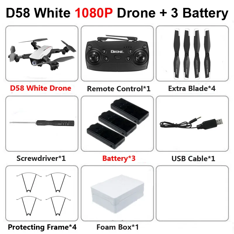 D58 Follow Me WiFi FPV Квадрокоптер с 4K HD широкоугольной камерой складной оптический поток RC Дрон вертолет игрушки - Цвет: D58 White 1080P 3B
