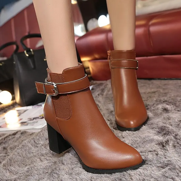 

New Style Western Style Short Boots Women's Chunky-Heel Belt Buckle Side Zipper Waterproof Platform, Belt Buckle Black And White
