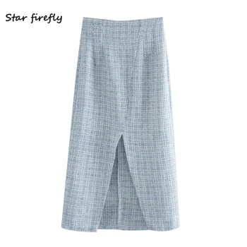 

Star firefly fashion Za skirt female 2020 autumn casual slim high waist tweed plaid skirt women