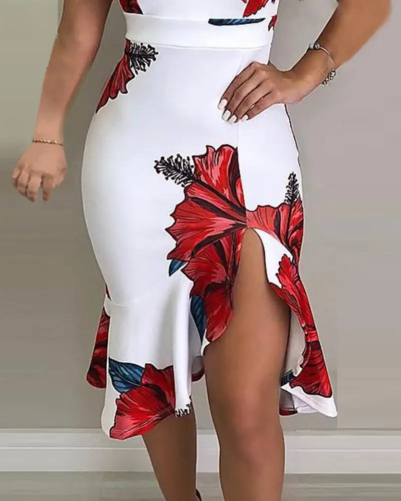 Women Spaghetti Strap V Neck Backless Bodycon Dress Elegant Boho Floral Print Slit Ruffles Mini Dress