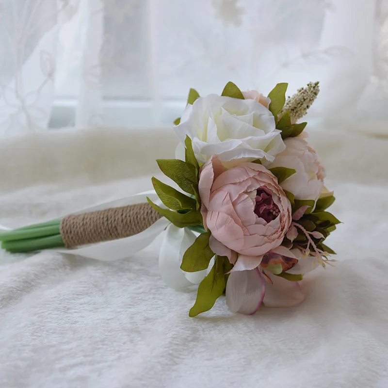 Искусственный шелк розы свадебный букет девушка держащая цветок пион цветы синий невесты Свадебные аксессуары, букеты SPH03