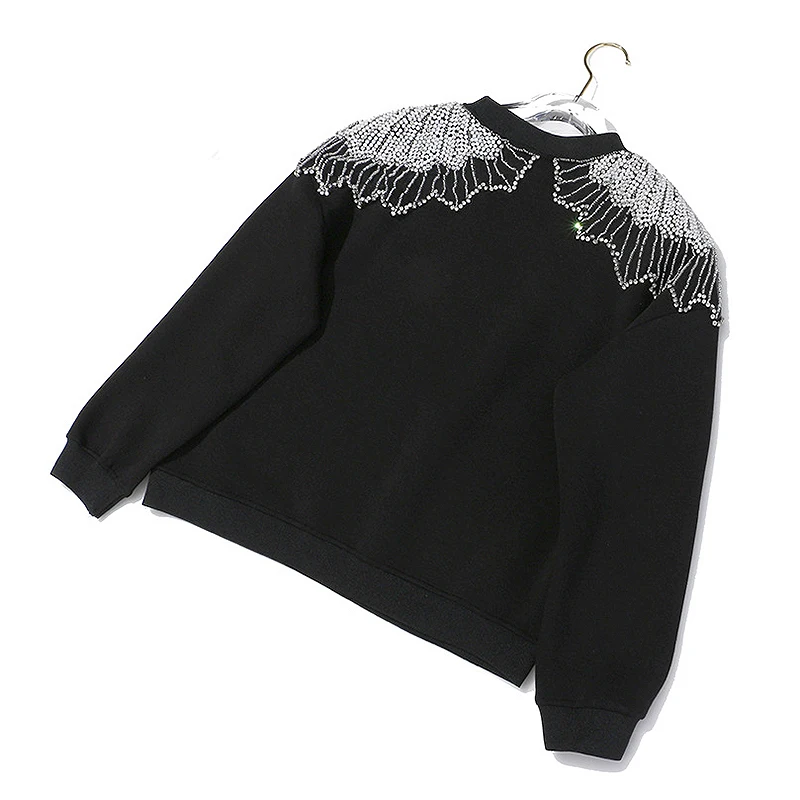 Black Patchwork Beading Women's Sweatshirts O Neck Long Sleeve Oversized Pullovers Female Autumn Fashion New
