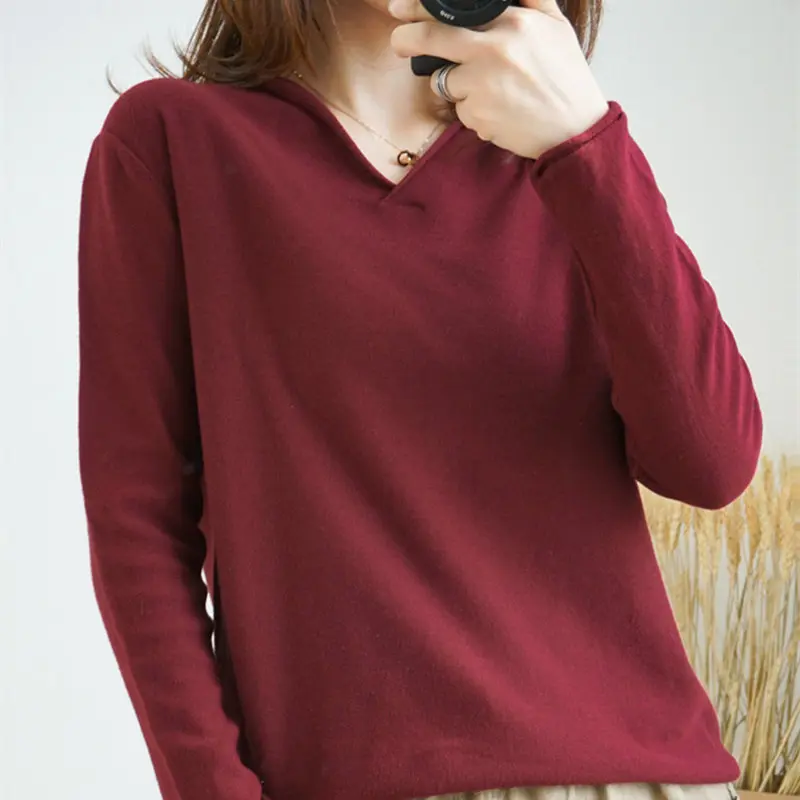 Smpevrg 19 100% cotton knitted sweater female pullovers V-neck long-sleeve women pullover female loose fashion jumper pull femme