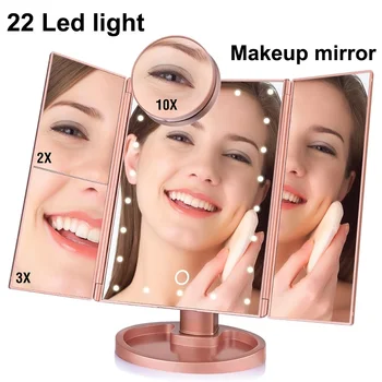 

LED Touch Screen 22 Light Makeup Desk Mirror Makeup 1X / 2X / 3X / 10X Vanity Magnifying Glass 3 Folding Compact Mirror