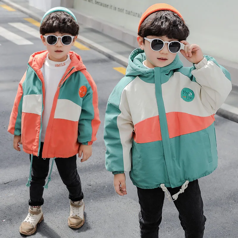 

BOY'S Autumn And Winter Color Panel Hooded Trench Coat Thick Quilted Korean-style New Style Children's Small round Standard