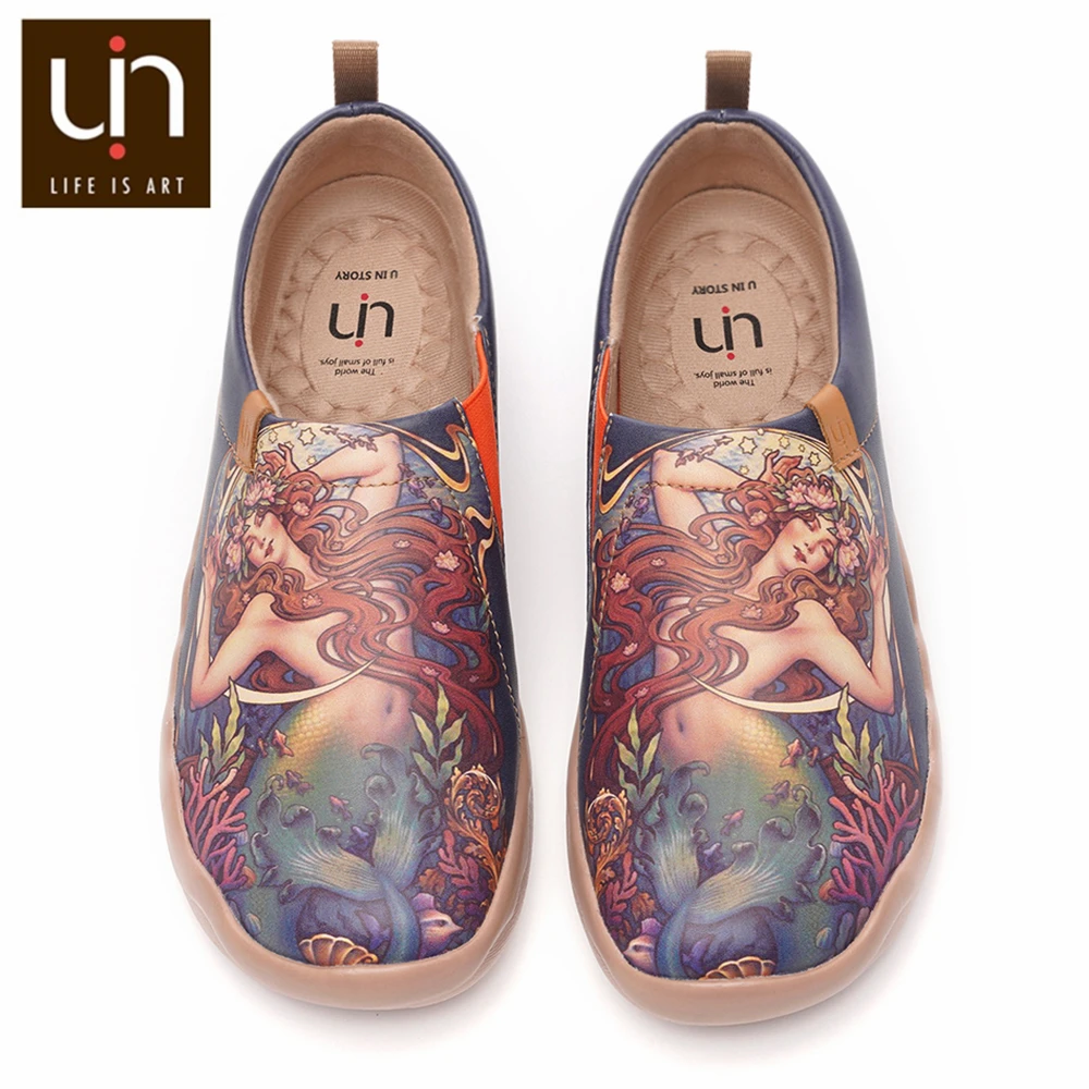 

UIN The Little Mermaid Art Painted Microfiber Leather Loafers for Women Comfort Round Toe Shoes Soft Walking Sneaker Lightweight