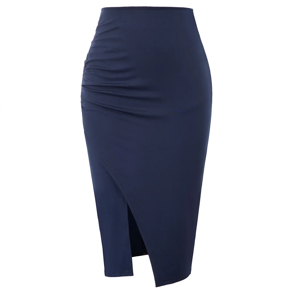 Navy Blue Grace Karin женская элегантная юбка-карандаш с вырезами и эластичной резинкой на талии, модные женские одноцветные Облегающие юбки - Цвет: Navy Blue