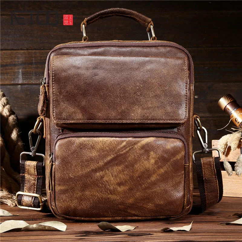 

BJYL Men's leather Messenger bag head layer leather leather men's students shoulder bag diagonal package sanding skin