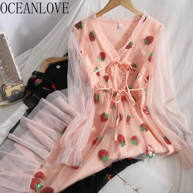 OCEANLOVE Sequined Women Dresses Strawberries Mesh Lace Up V Neck
