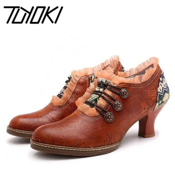 

Tuyoki Vintage Genuine Leather Pumps Women Shoes Retro Bohemian Spring Autumn Zipper Lace Brim Ankle Ladies Shoes Size 36-42