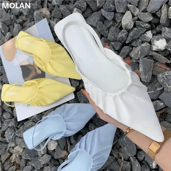 

MOLAN Brand Designers 2020 New Fashion Luxury Pleated Pointed Toe Soft Comfort Bottom Back Strap Flat Sandals Women Shoes Casual