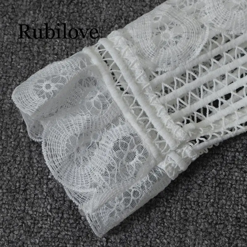 Rubilove Женская подиумная модная открытая блузка с v-образным вырезом Женская белая блузка с длинным рукавом Топ белая OL Весенняя офисная кружевная блузка