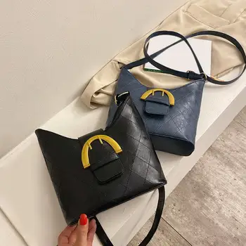 

Fashion Retro Messenger Bag Women Solid PU Leather Lattice Pattern Shoulder Crossbody Casual Shoulder Bucket Handbag