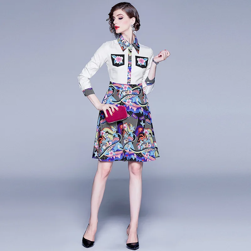 

Ozhouzhan 2019 Autumn New Style Europe And America Fashion New Products Slim Fit Fold-down Collar Printed Mid-length Dress