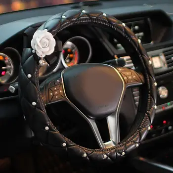 

Diamond Crystal White Camellia Flower Car Interior Decoration Steering Wheel Covers Leather Car Styling Rhinestone Car Covered