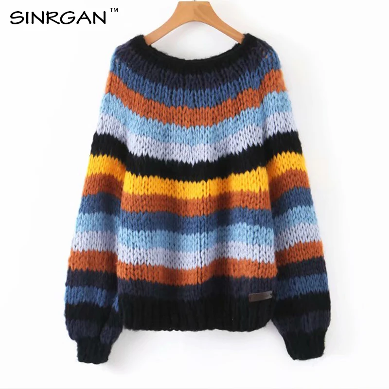 SINRGAN мохеровый утепленный зимний свитер женский полосатый один размер свободный осенний вязаный пуловер с круглым вырезом теплый наряд - Цвет: Тёмно-синий