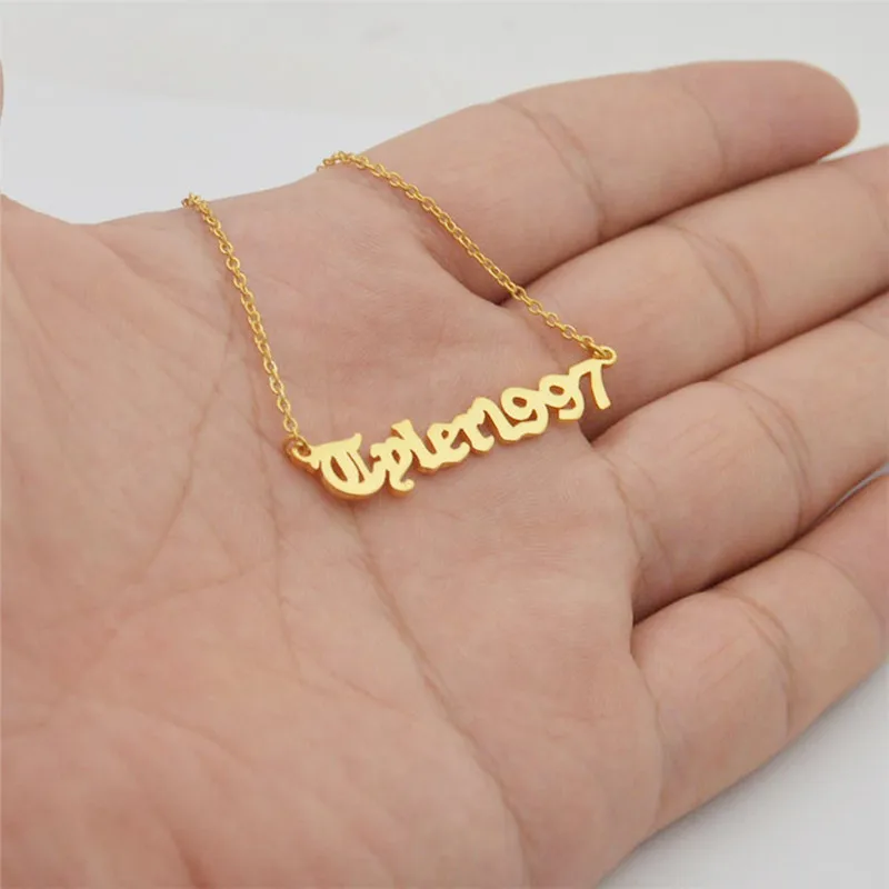 

Unique Personalized Old English Name Number Necklace Custom Date Choker Women Men BFF Jewelry Gold Color Birthday Gift
