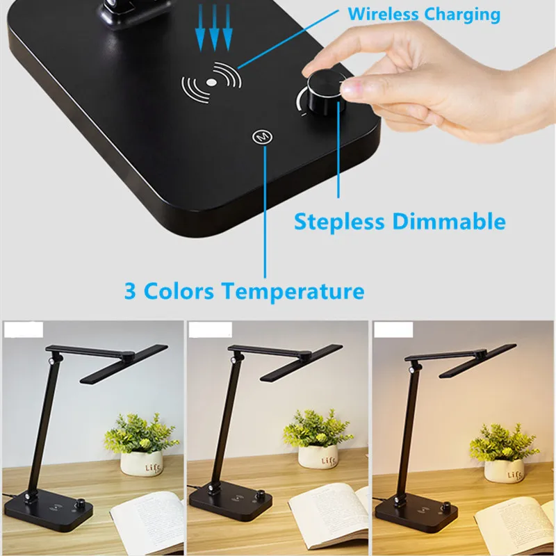 Klappbare LED-Augenschutz-Schreibtischlampe, kabelloses Aufladen, Aluminiumlegierung, stufenlos dimmbar, 3 Farbtemperaturen, USB-LED-Leselampe_voghion.com