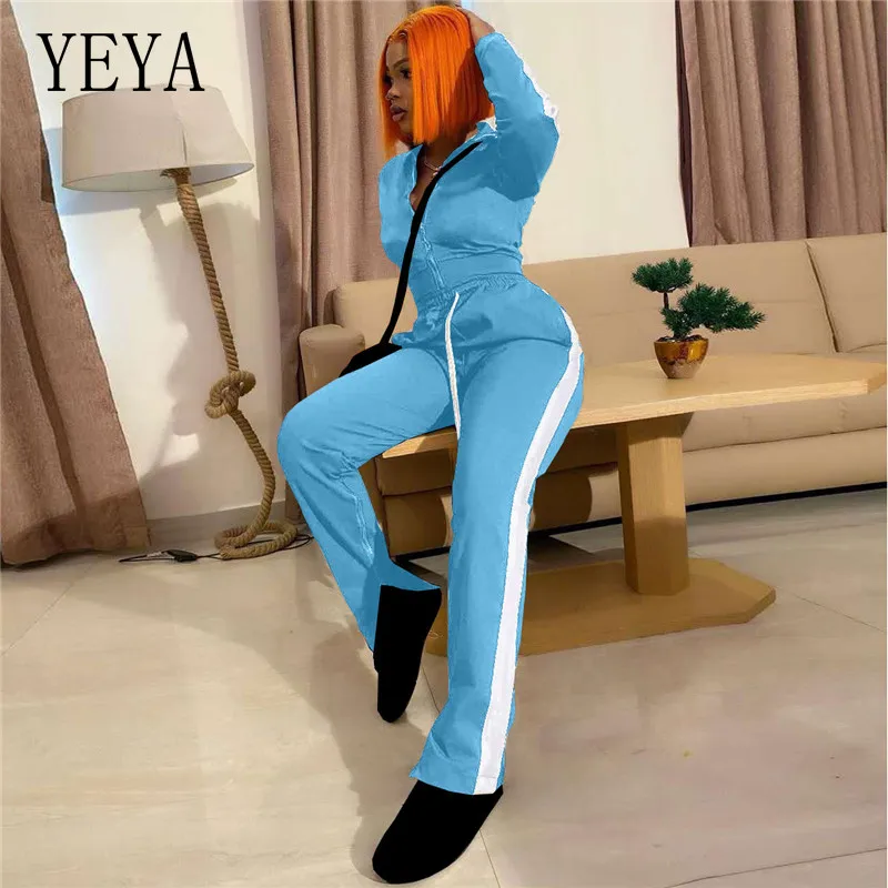 

YEYA Women Two Piece Set Patchwork Zipper Tops Slit Flare Jogger Pants Suit Tracksuit Matching Set Casual Autumn Sports Outfit