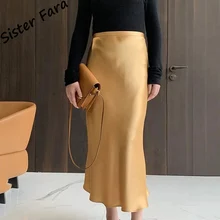 

Sister Fara Long Satin Mermaid Half Skirt Women Spring High Waist Silky Casual Half Skirts Autumn Ladies Elegant Mid-Calf Skirts