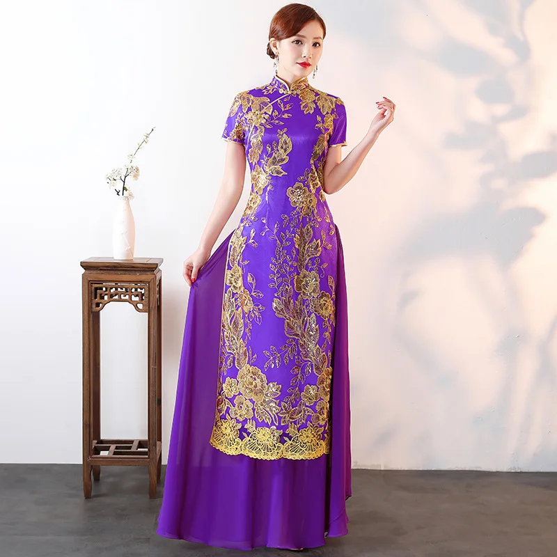 Винтаж Мандарин воротник Cheongsam для женщин традиционные длинные Qipao Vestidso плиссированные с короткими рукавами с блестками элегантное вечернее платье