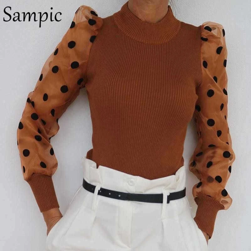 Sampic, Женская водолазка, тонкая, в горошек, пышная, с длинным рукавом, блузки, рубашки, тонкие, повседневные, сетчатые Рубашки, Топы, Осень-зима