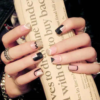 

False Nail Product Geometric Figure Glitter Black Edge Angle Fake Nail Tips Press on Nail Artificial Fake Nails with Glue