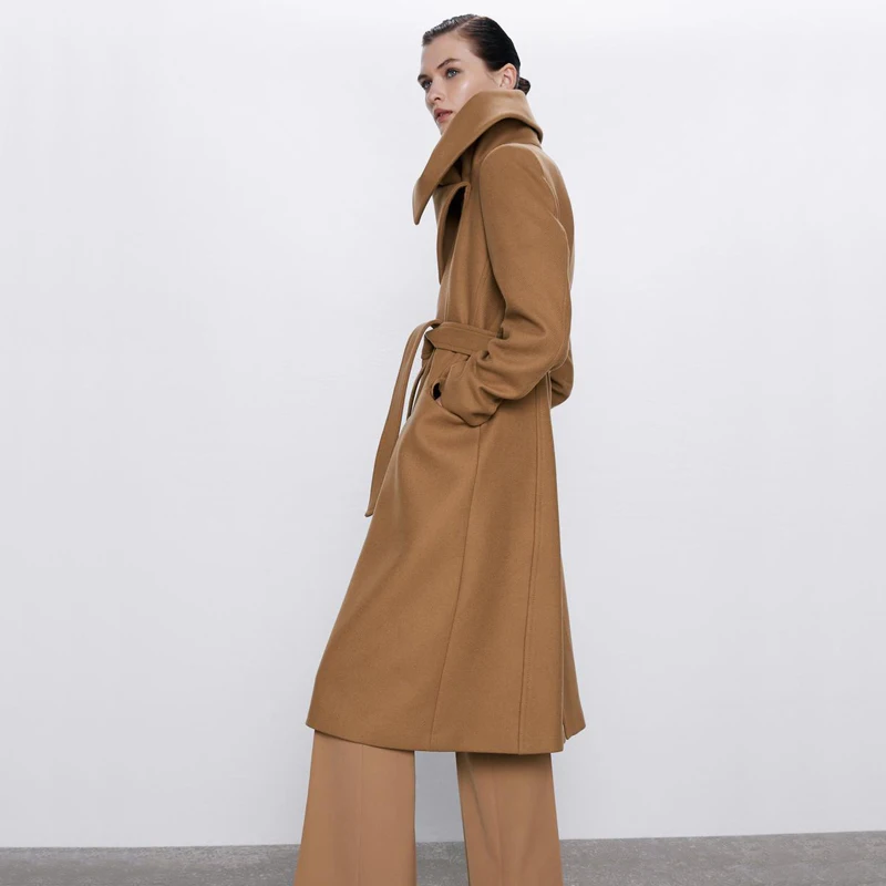 ZOEPO, одноцветное шерстяное пальто, женская мода, большой отложной воротник, куртки для женщин, элегантное, с поясом, на талии, длинное пальто для женщин, для девушек, LJ