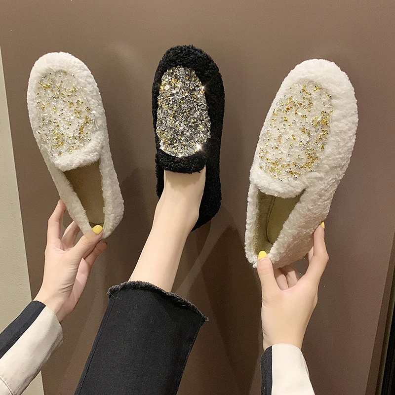 

Women Casual Woman Platform Shoes Flats 2019 Fashion Women's Loafers Fur Slip-on All-Match Round Toe Crystal New Dress Modis