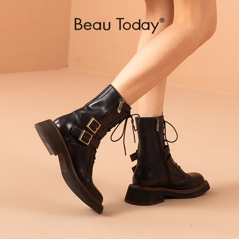 

BeauToday Motorcycle Boots Women Cow Leather Ankle Length Square Toe Zipper Double Buckles Decoration Ladies Punk Shoes 03222