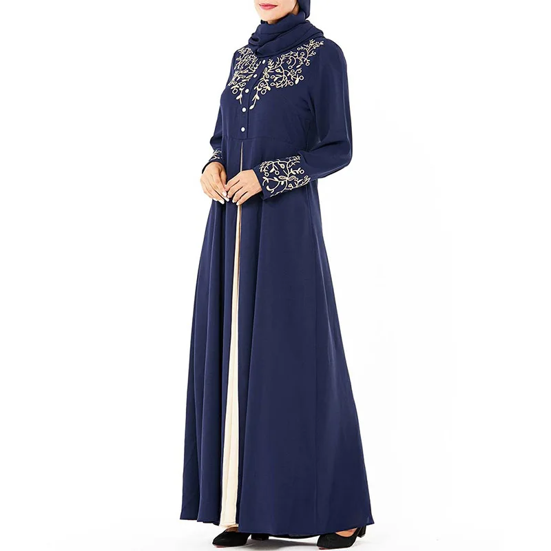 Middle East long-sleeved fake two-piece robes Dubai Arabian large size women's dress embroidered zipper stitching Muslim dress