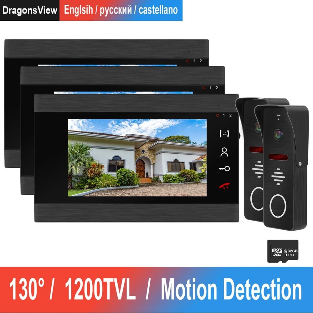 Wired Video Intercom System for Apartment 3 Monitor 2 Doorbell Wide Angle 1200TVL  Motion Detection Record Infrared Night Vision