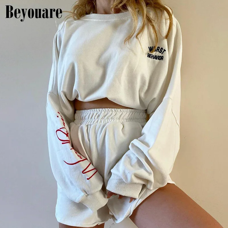 

Beyouare Two Piece Short Set Women Plus Size Loose Letter Printed Long Sleeve White Cotton Autumn Fashion Casual Leisure Outfit