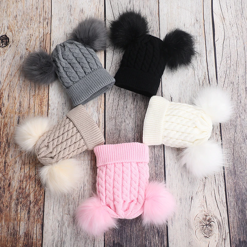 Baby Winter Toddler Kids Faux Fur Hat Cap Beanie Children Double Pompom Ball Knitted for Boys Girls Bonnet | Аксессуары для одежды