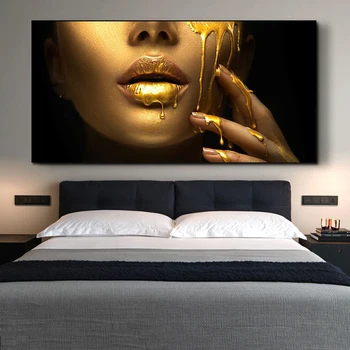 

Large African Woman Face Canvas Art Posters And Prints Golden Sexy Lips Canvas Paintings On the Wall Art Picture For Living Room