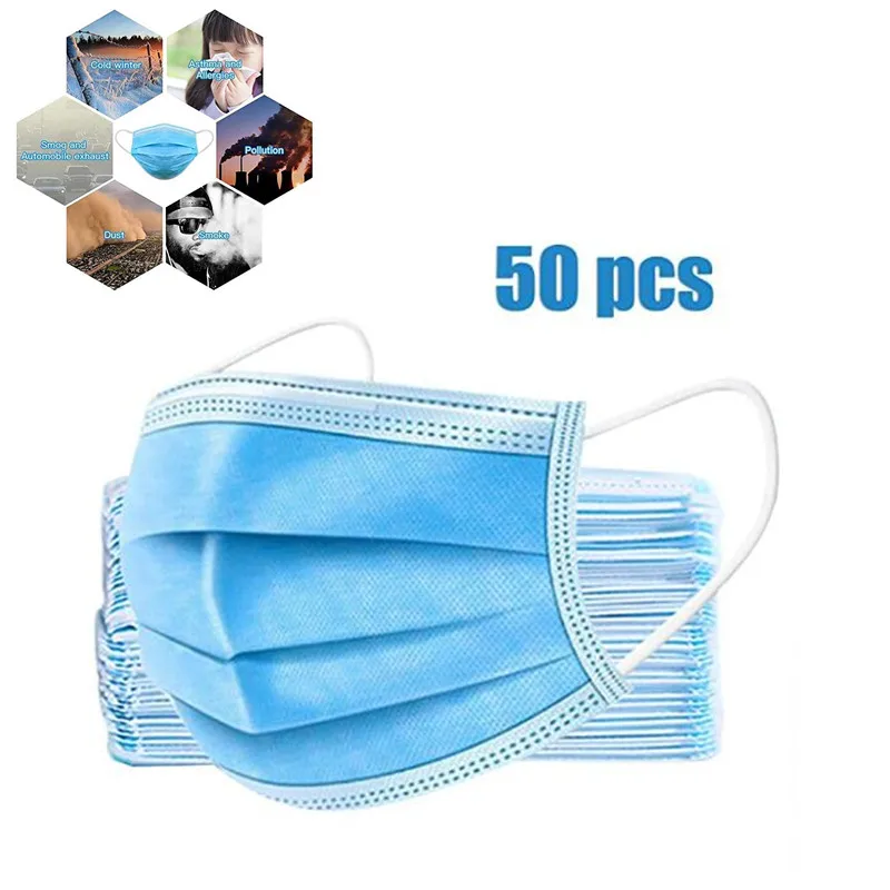 

50pcs Disposable Face Mask Breathable 3-Layers Earhook Protective Cover Mouth Masks Dropshipping FDA CE Certification Anti-dust