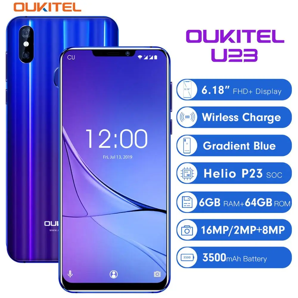 OUKITEL U23 6,1" дисплей с зазубриной Android 8,1 мобильный телефон MTK6763T Helio P23 Восьмиядерный 6G 64G беспроводной заряд лица ID смартфон