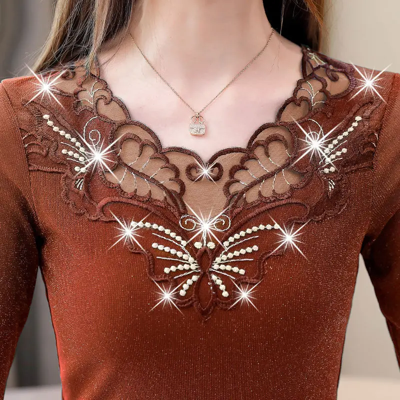 Lace Bottom Blouse Women's Long Sleeve 2019 Autumn Winter Shirts New Large Size Hollow Out Mesh Slim Shirt Fashion Blouses Tops