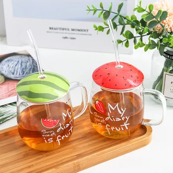 

Korean fruit straw glass transparent juice tea cup with lid handle beach cold drink cup student couple cola cup