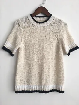 

2020 Spring Summer Knitted Women Sweater Lady Short Sleeve O-neck Color Patchwork Knitwear Tee Female Pullover Top T-shirt