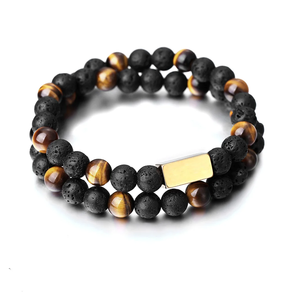 На заказ Выгравированный двойной нитью эластичный бисерный браслет для мужчин и женщин желтый тигровый глаз и лавовый камень смешанный камень ID браслет подарок PZ022018