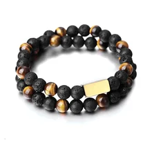 На заказ Выгравированный двойной нитью эластичный бисерный браслет для мужчин и женщин желтый тигровый глаз и лавовый камень смешанный камень ID браслет подарок PZ022018
