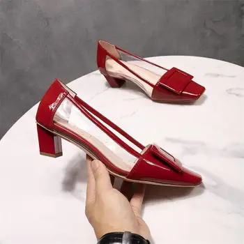 

2019 Hot Solid Women Pumps Square Toe Patent Leather Shallow Sweet PVC Transparent Ladies Shoes Mary Janes Sapatos Feminino