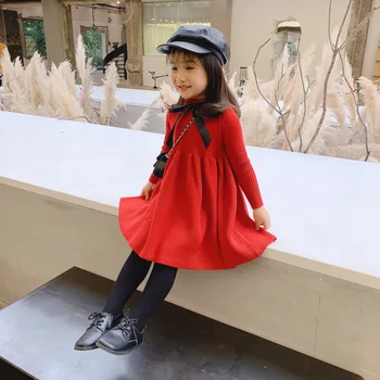 

2019 Winter New Children Dress Girl Long Sleeve Wool Sweater Princess Dresses Toddler Kids Baby Lady Knitting with Bow Tie Dress