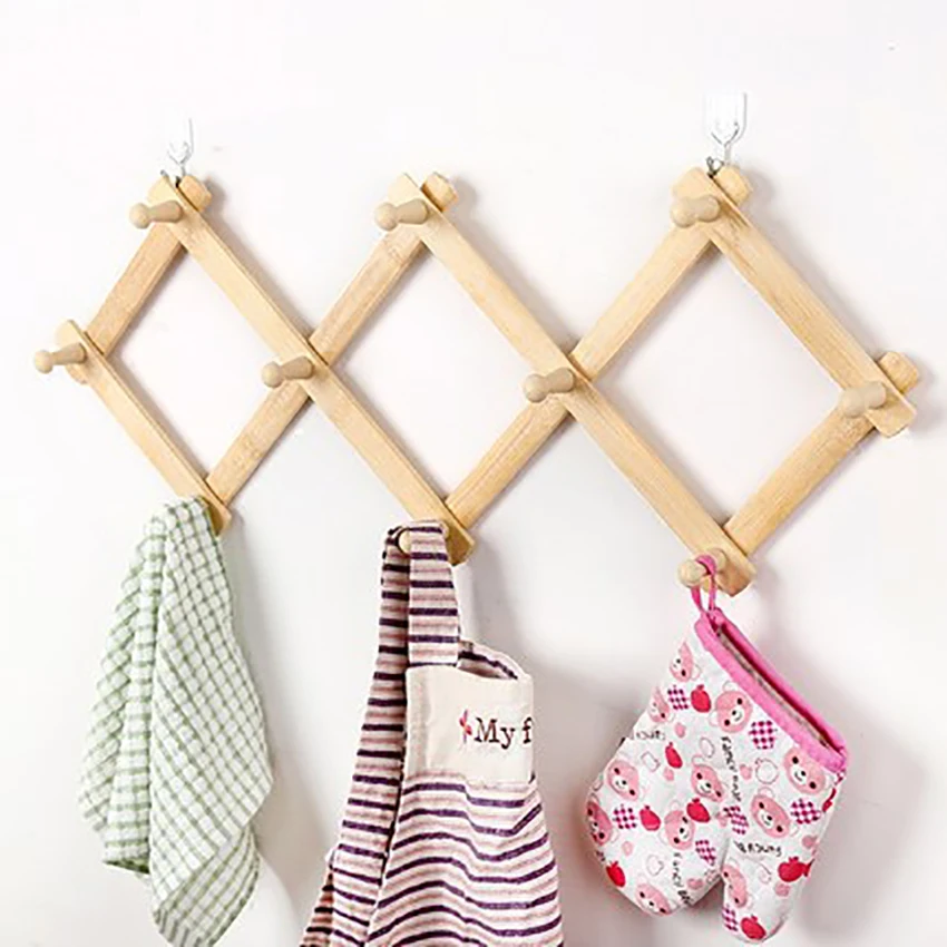 

Kitchen Bamboo Foldable Hook Household Wall-mounted Keys Hat Bag Clothes Towel Organizer Hanging Rack Space-saving