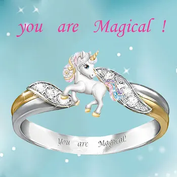 

Cute Rainbow Unicorn Rings for Women Girls Fashion White Gold&Yellow Gold Color Cartoon Animal Children's Ring Birthday Jewelry