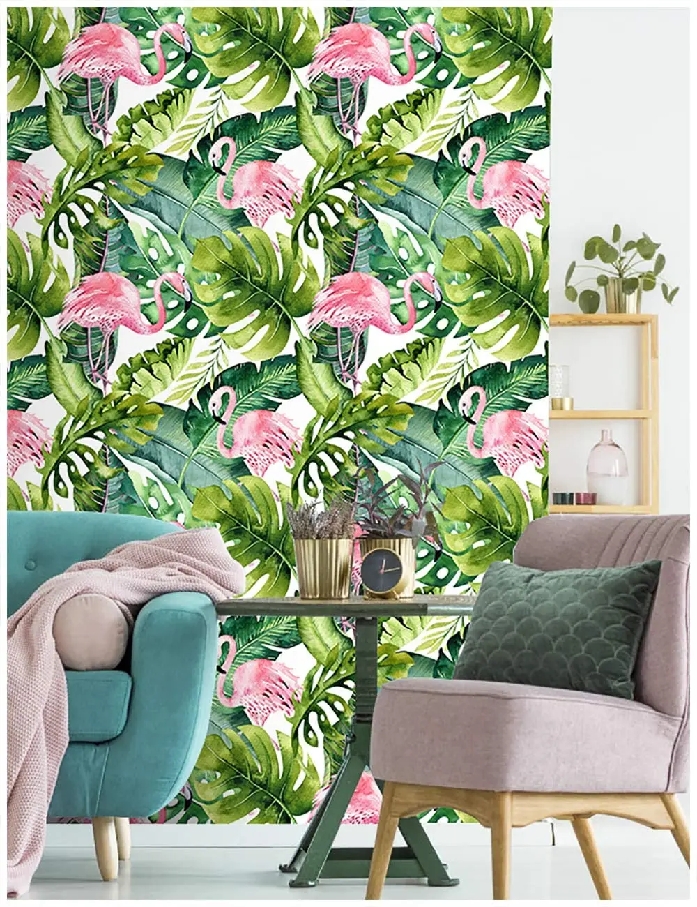Flamingo Palm Tree Peel and Stick Wallpaper Removable Green/Pink Vinyl Self Adhesive Contact Paper for Walls Bathroom Home Decor